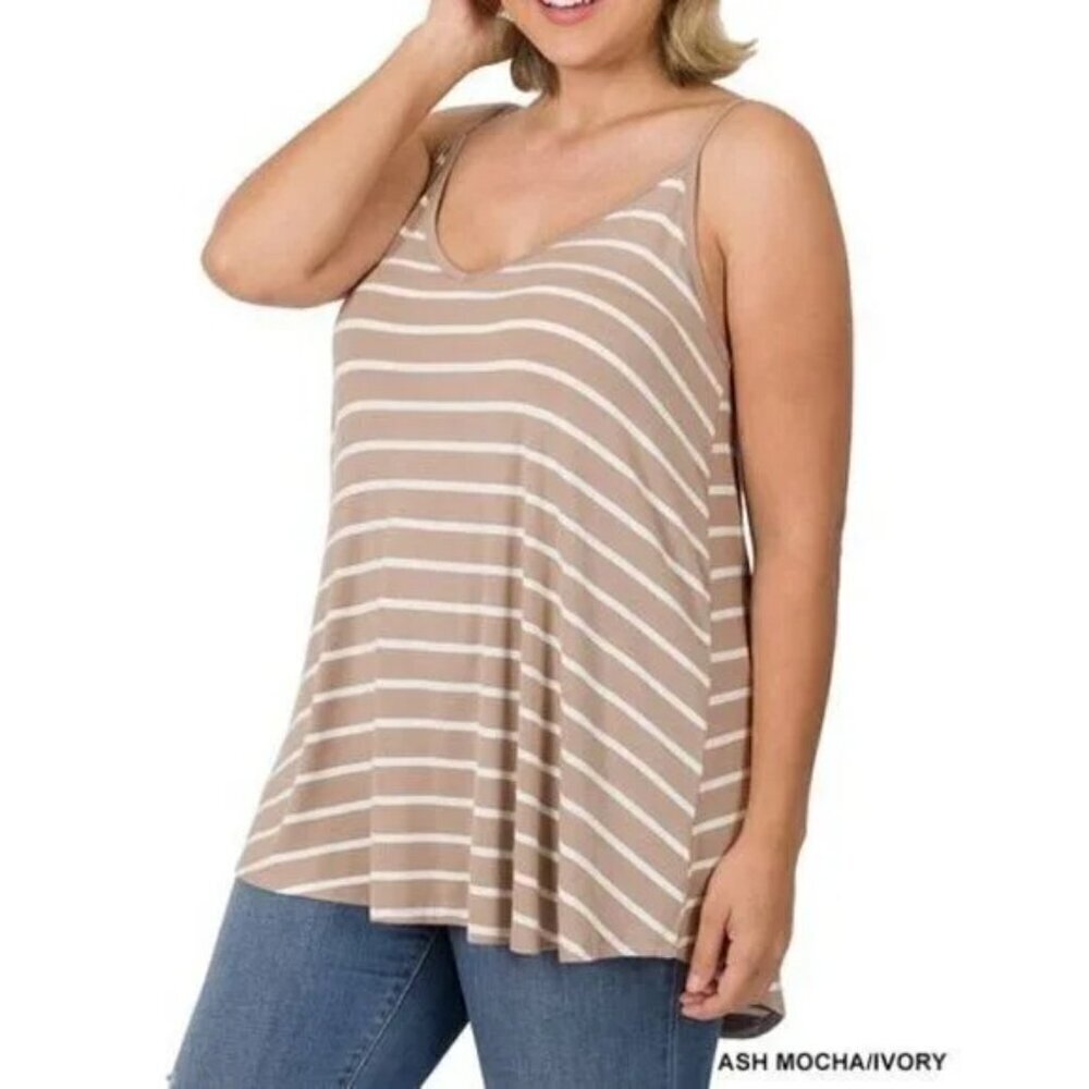 NWOT Zenana Ash Mocha Striped Front & Back Reversible Cami Tank Top Size 2X